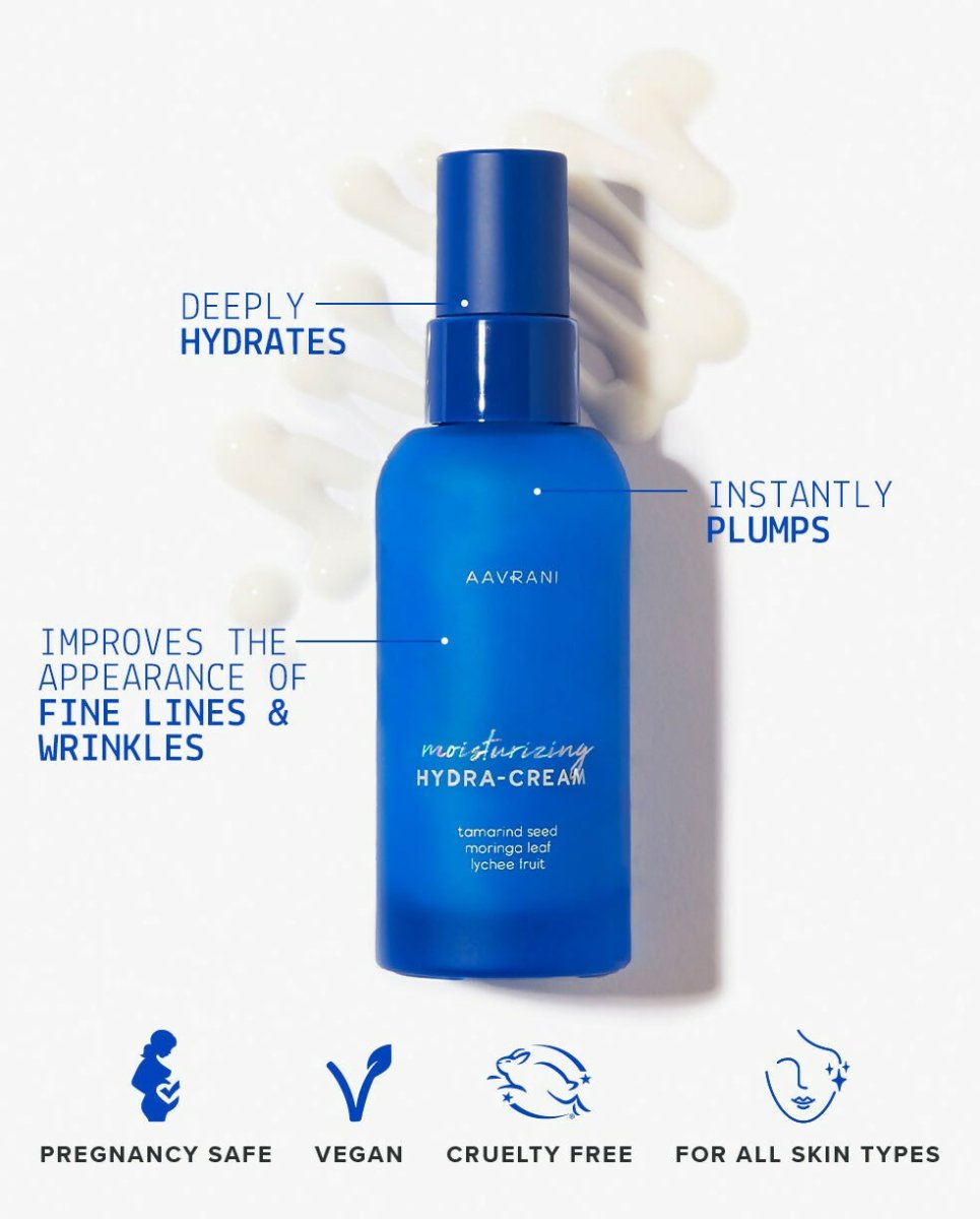 Aavrani Hydra-Moisturizer face cream in a jar, creamy texture, suitable for daily hydration and glowing skin.