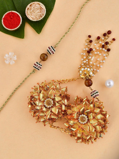 Anouk Gold-Toned Beaded Bhaiya Bhabhi Rakhi With Roli Chawal & Greeting Card