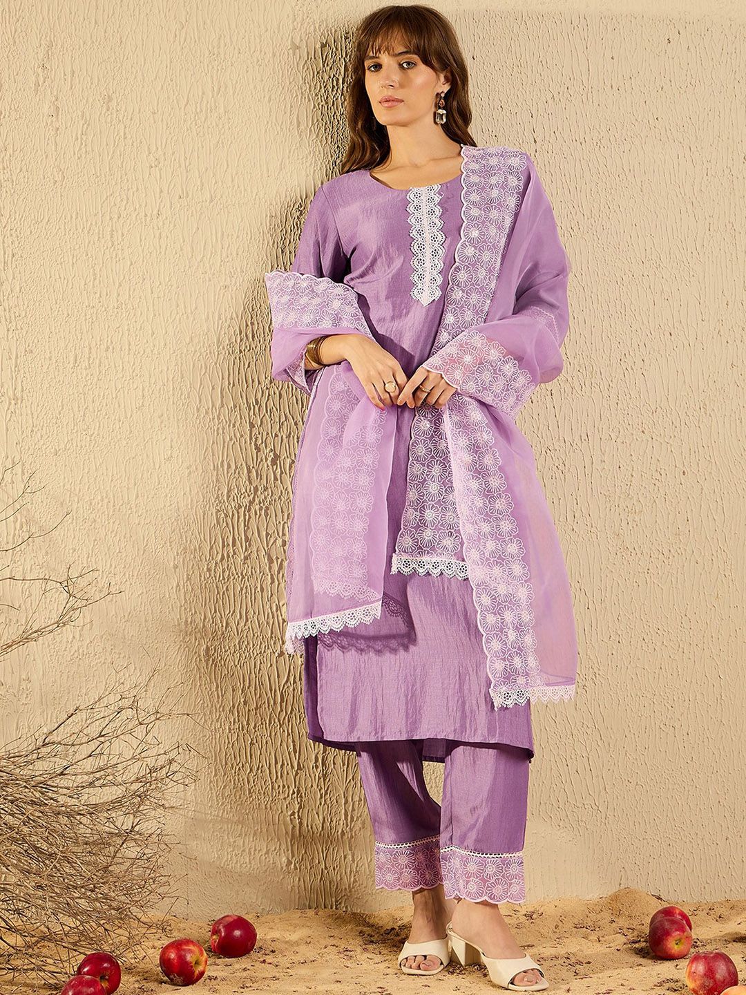 Floral Embroidered Straight Kurta With Trousers & Dupatta