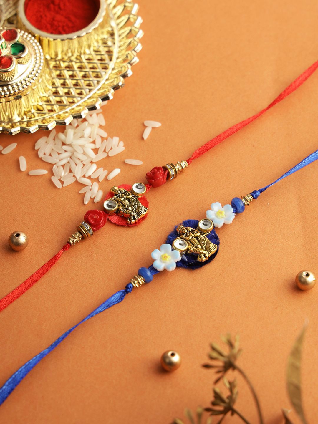 Anouk Set Of 2 Divine Radha Krishna Thread Rakhi With Roli Chawal & Greetings Card
