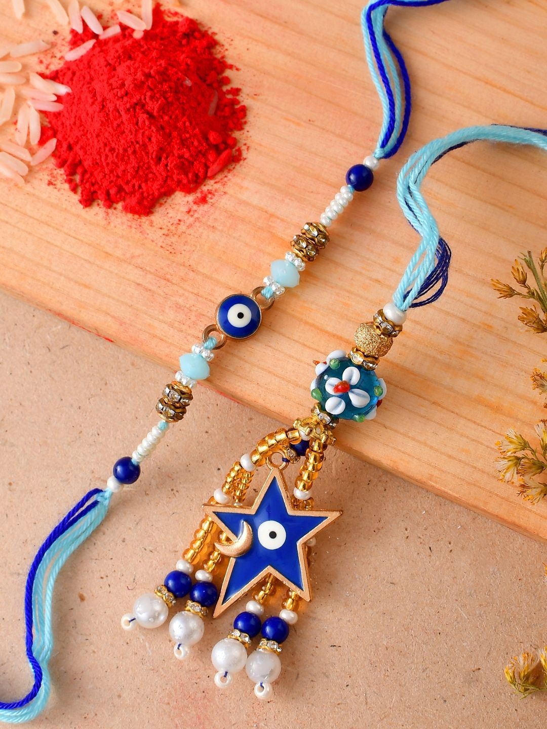 Anouk Beaded Evil Eye Bhaiya Bhabhi Rakhi With Roli Chawal & Greeting Card