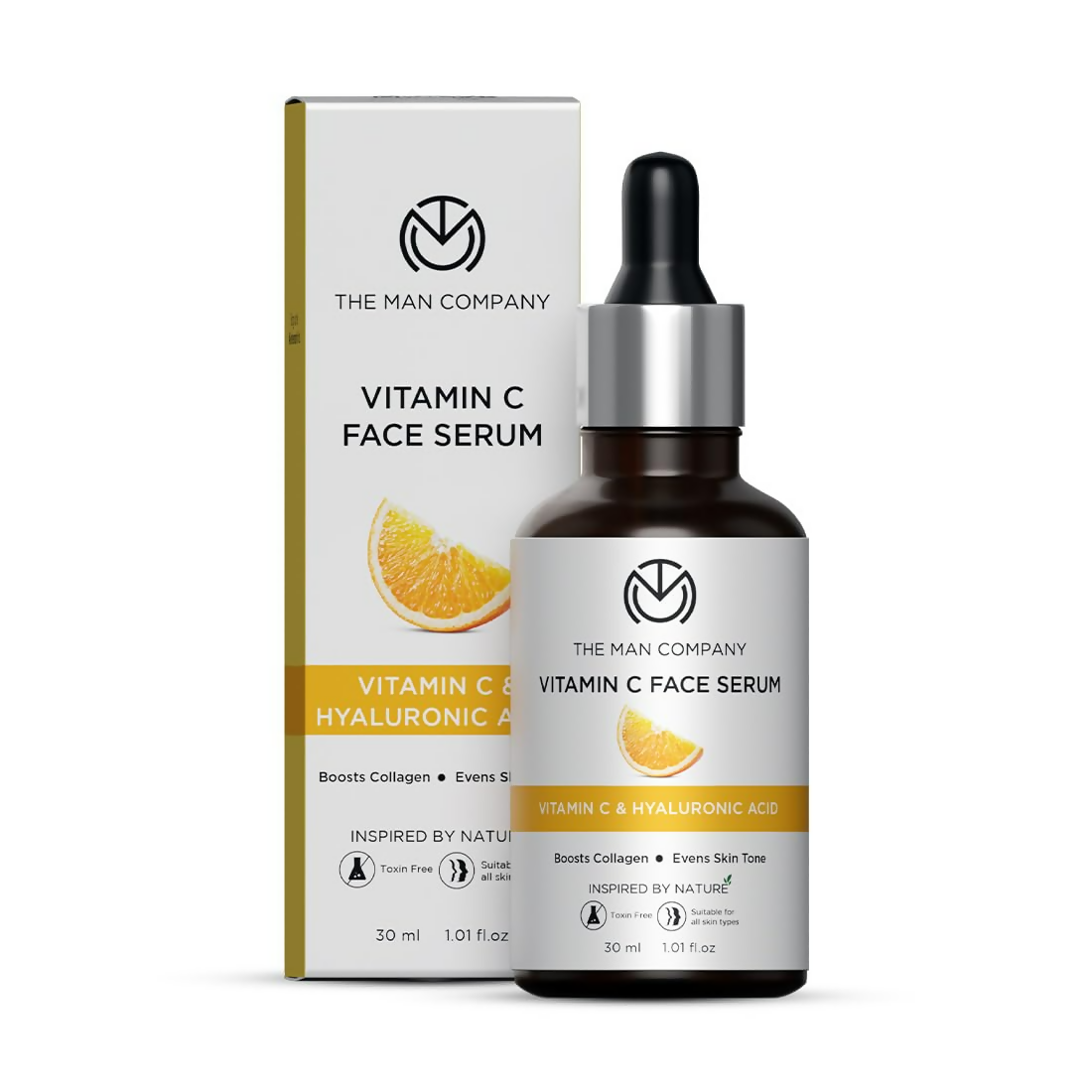 The Man Company 40% Vitamin C face serum bottle with dropper, showcasing the serum's packaging and branding.