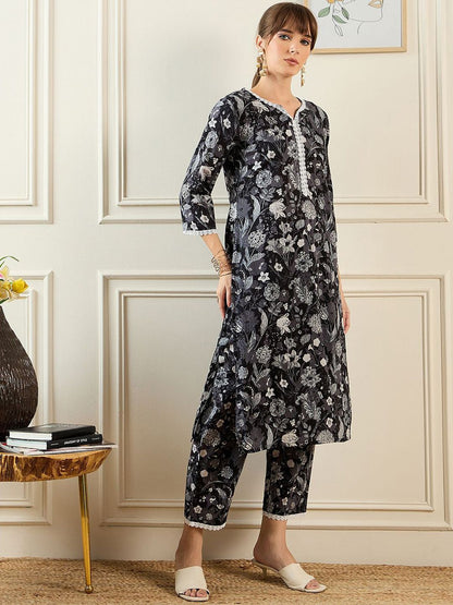 Indyancart IE Floral Printed Notched Neck Pure Cotton Straight Tunic With Trouser