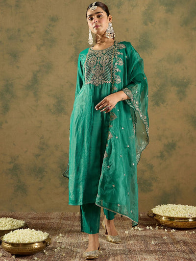 Indyancart IE Ethnic Motifs Embroidered Kurta With Trousers & Dupatta