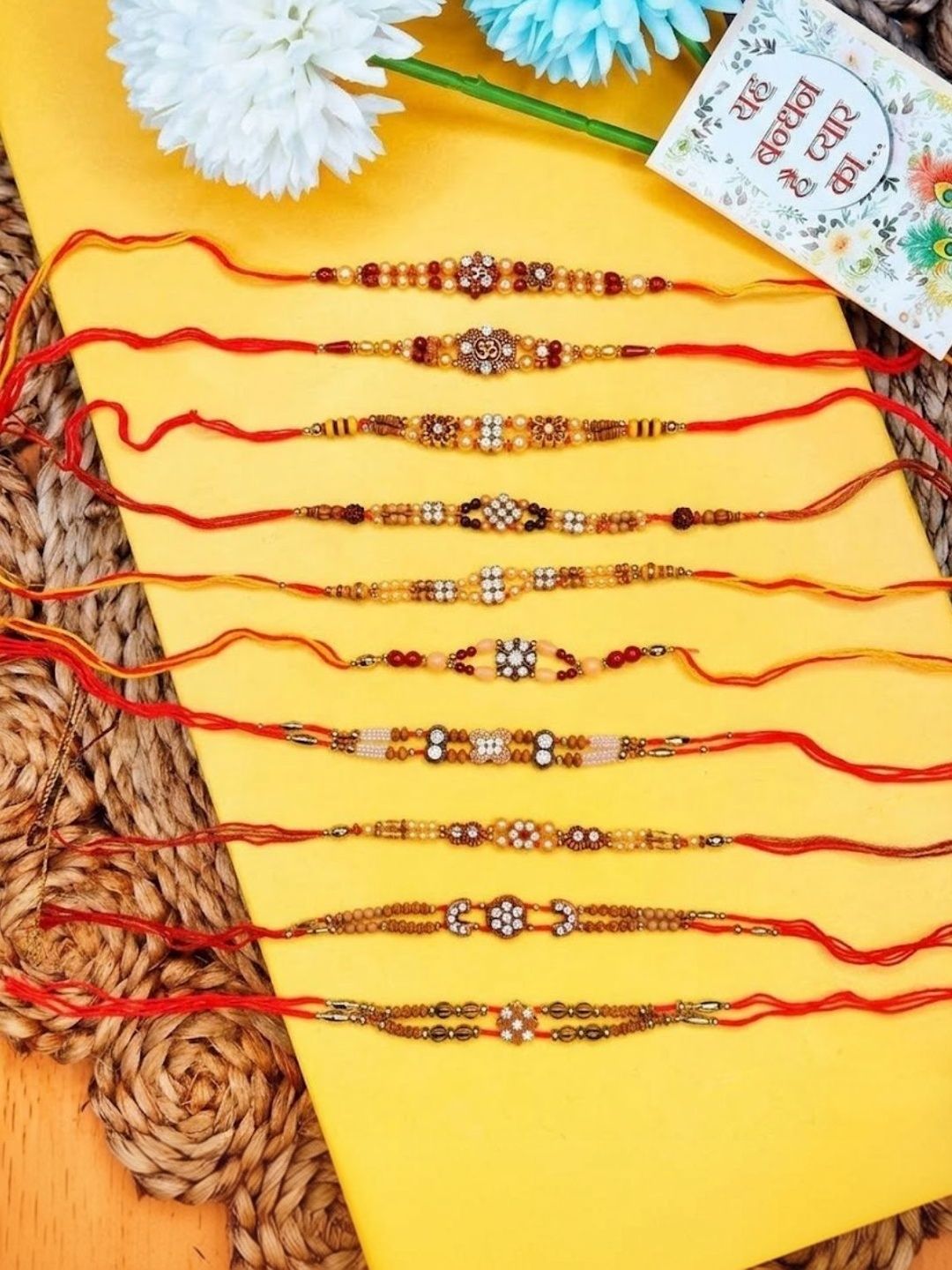 Anouk Set Of 10 Artificial Stones & Beads Thread Rakhi With Roli Chawal Chandan Mishri