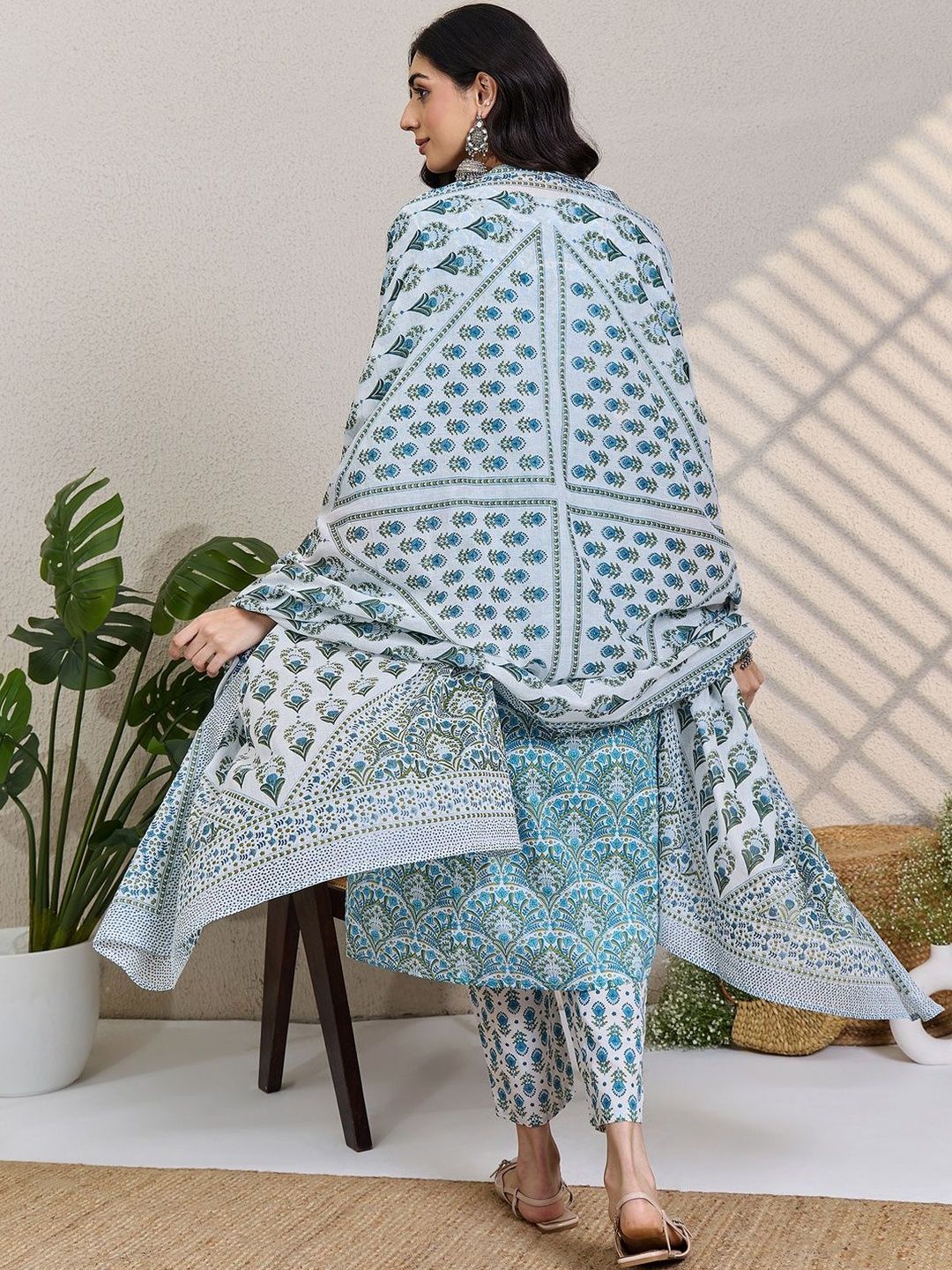 Women Ethnic Motifs Printed Regular Thread Work Pure Cotton Kurta with Trousers & With Dupatta