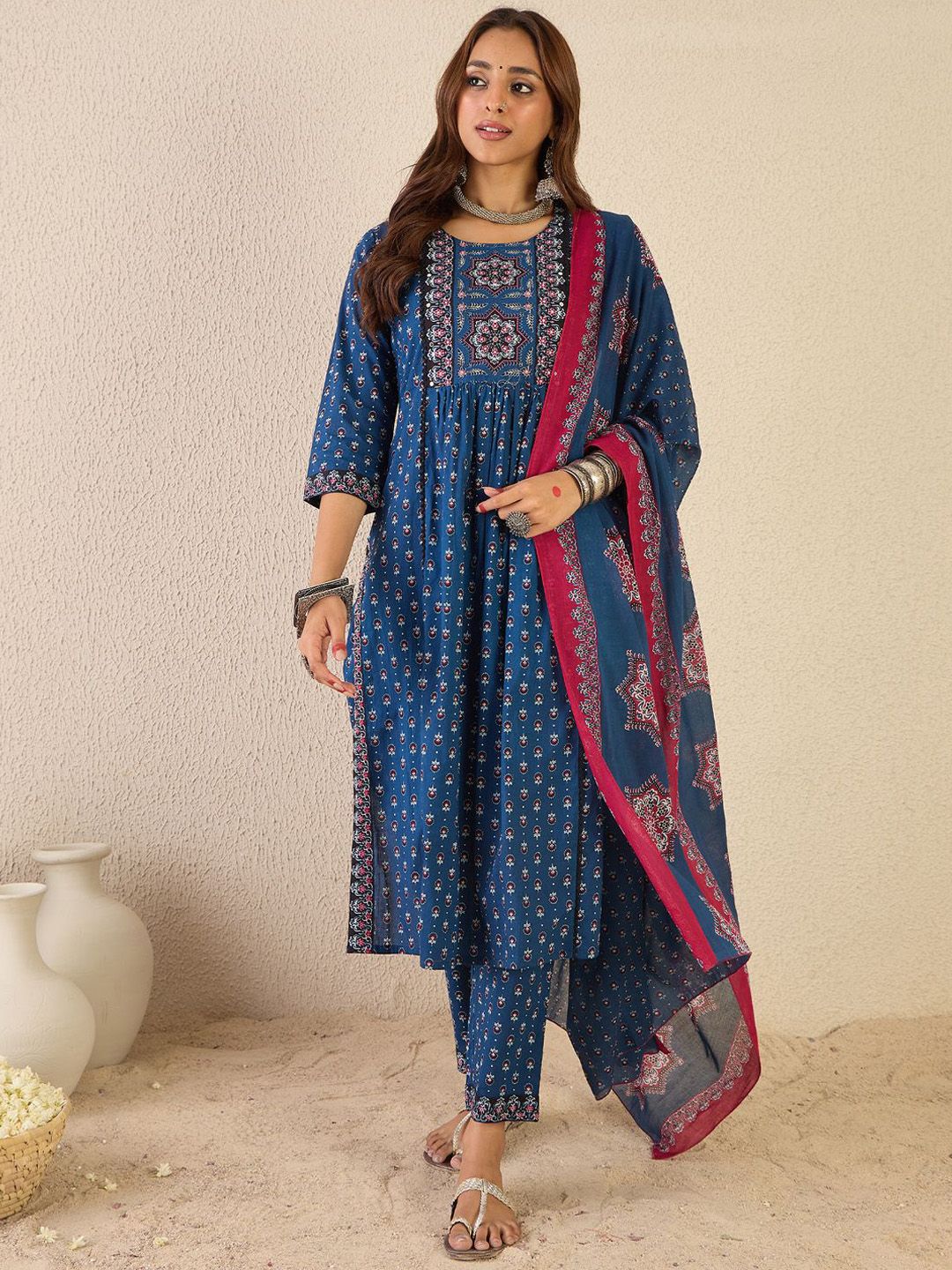Indyancart IE Ethnic Motifs Printed Round Neck A line Pure Cotton Kurta with Trousers & Dupatta
