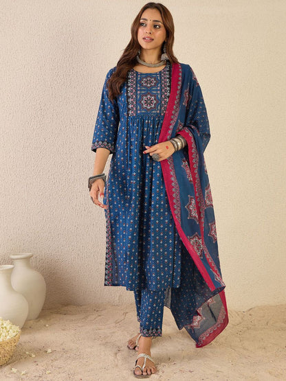 Indyancart IE Ethnic Motifs Printed Round Neck A line Pure Cotton Kurta with Trousers & Dupatta