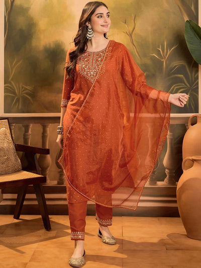 Indyancart SN Women's Polka Dots Printed V-Neck Thread Work Chinon Kurta With Trousers & Dupatta