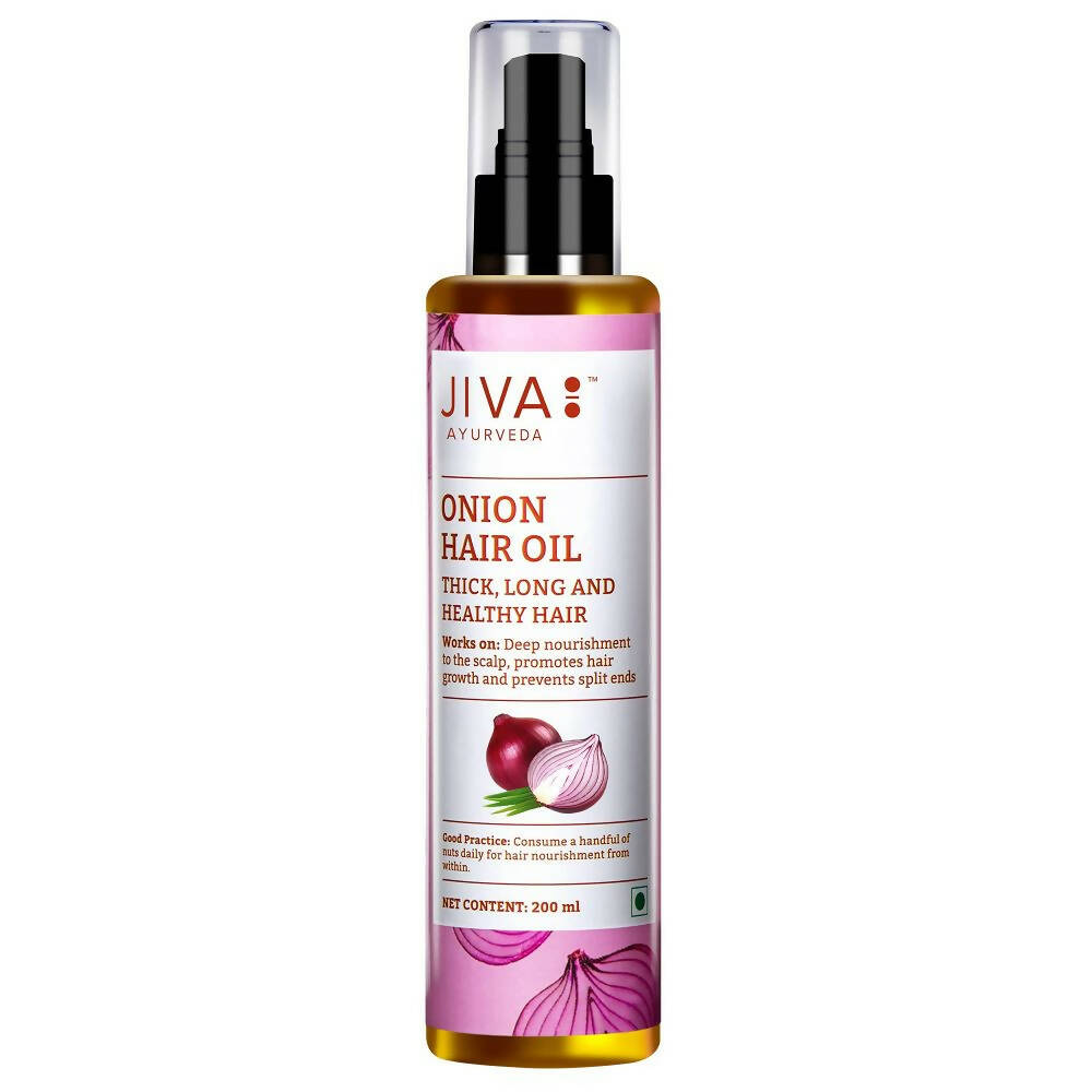 Jiva Ayurveda Onion Hair Oil bottle with dropper, natural hair oil for scalp and hair care, in a clear glass bottle.