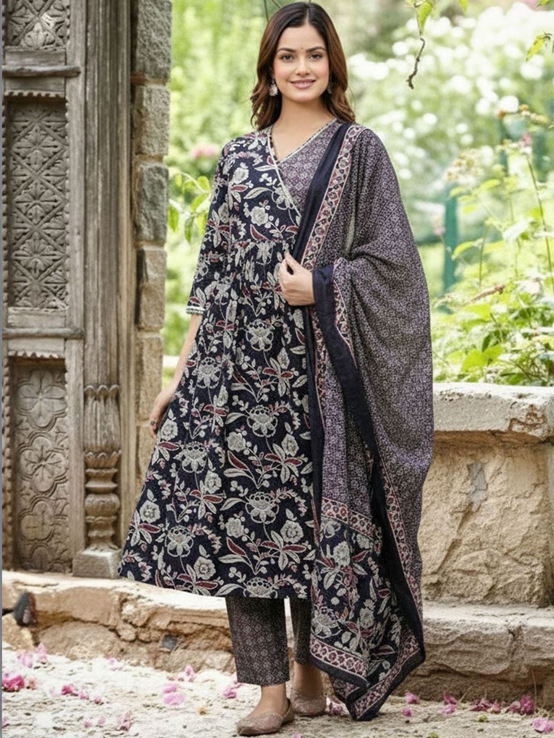 Women Floral Printed Angrakha Pure Cotton Kurta with Trousers & With Dupatta
