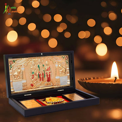 Gold-polished Lord Ram Darbar photo frame with Charan Paduka, featuring detailed idol images in a traditional decorative display.