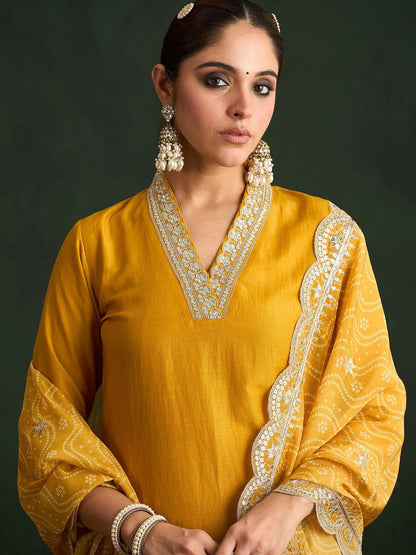 Indyancart IE Mustard Yellow Floral Embroidered V-Neck Straight Kurta with Trousers & Dupatta