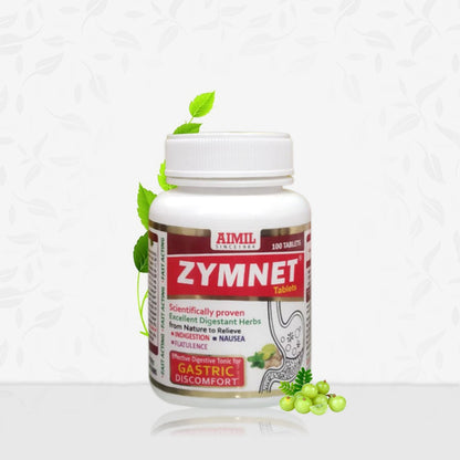 Aimil Zymnet Ayurvedic tablets in a clear bottle showing small brown tablets inside.