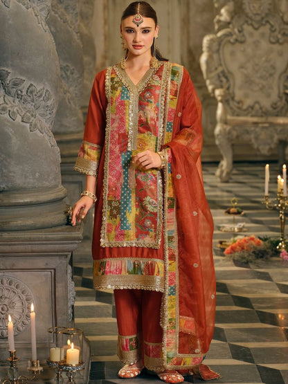 Indyancart IE Women Floral Printed Regular Gotta Patti Kurta with Palazzos & With Dupatta