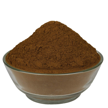 Yuvika Revan Chini Powder, Indian Rheum Emodi root powder, in a traditional Ayurvedic packaging with dried rhubarb roots.