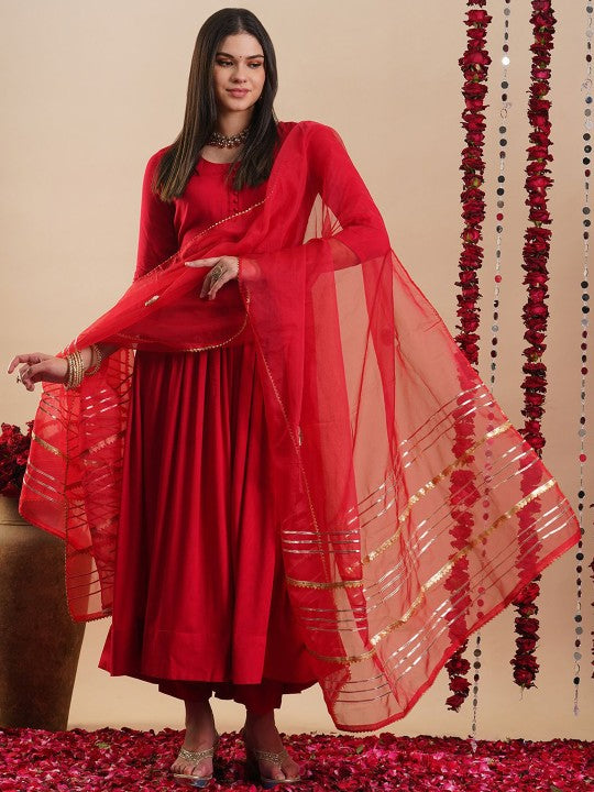 Women's Solid Round Neck Regular Anarkali Kurta with Trousers & Dupatta