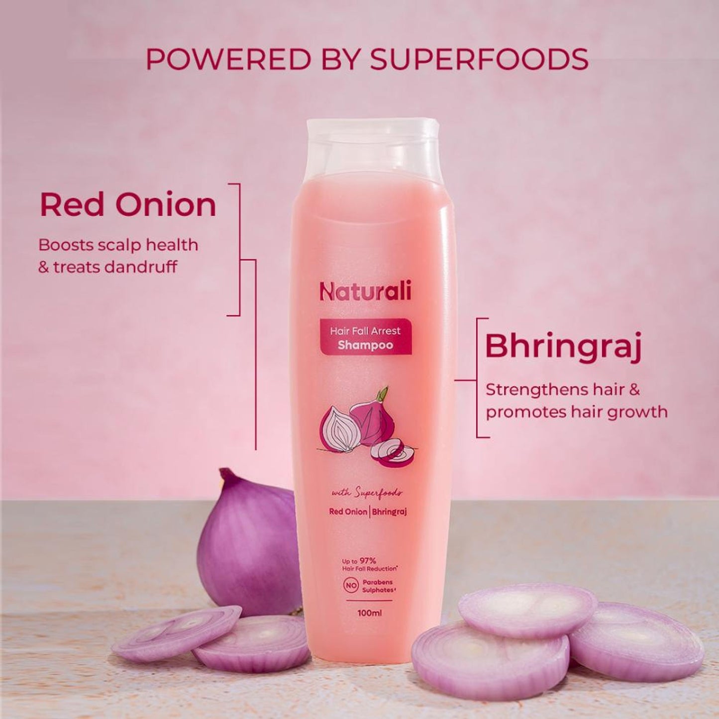 Naturali HairFall Arrest Shampoo with Red Onion & Bhringraj That Reduces Hair Fall, Boosts Scalp Health & Hair Growth 180 ml