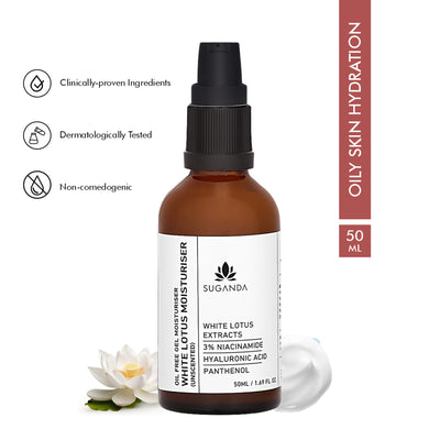 Suganda White Lotus Oil Free Gel Moisturiser (Unscented)with 3% Niacinamide & Hyaluronic Acid