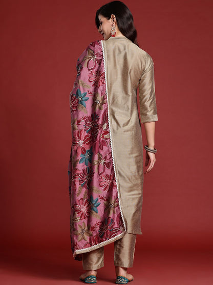 Indyancart IE Floral Embroidered Thread Work Kurta with Trousers & With Dupatta