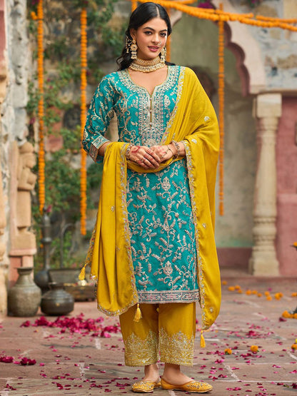 Zari Ethnic Motifs Embroidered Notch Neck Straight Kurta With Trousers & Dupatta