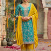 Dhiyona IE Zari Ethnic Motifs Embroidered Notch Neck Straight Kurta With Trousers & Dupatta