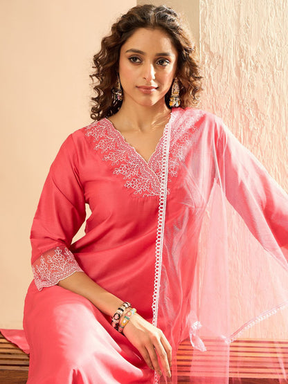 Indyancart IE Women Floral Embroidered Regular Thread Work Kurta with Trousers & Dupatta