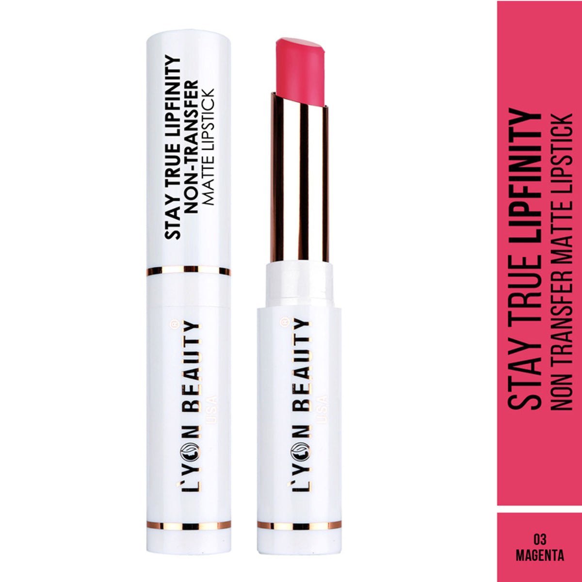 Lyon Beauty Stay True Lipfinity matte lipstick in Magenta 03, showcasing the vibrant lipstick tube and color swatch.