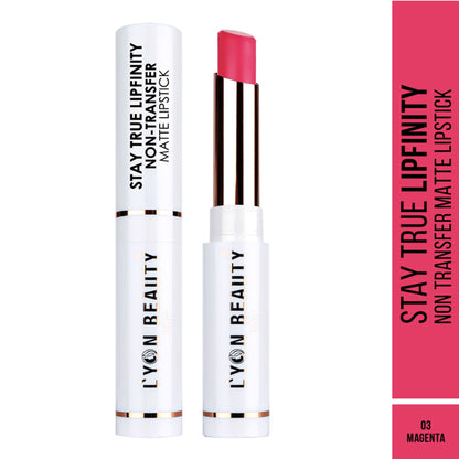 Lyon Beauty Stay True Lipfinity matte lipstick in Magenta 03, showcasing the vibrant lipstick tube and color swatch.