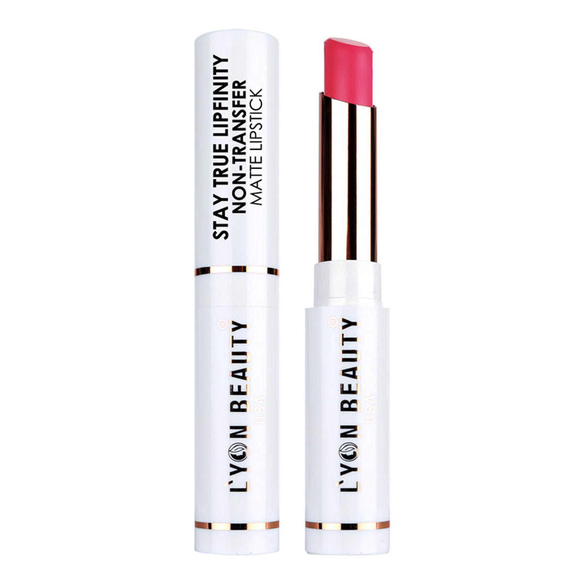 Lyon Beauty Stay True Lipfinity matte lipstick in Magenta 03, showcasing a vibrant, non-transfer lipstick tube with the product name.
