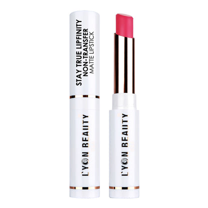 Lyon Beauty Stay True Lipfinity matte lipstick in Magenta 03, showcasing a vibrant, non-transfer lipstick tube with the product name.