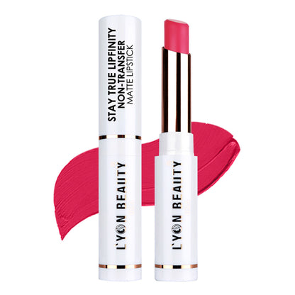 Lyon Beauty Stay True Lipfinity matte lipstick in Magenta 03, showing the bullet and swatch on a model's lips.