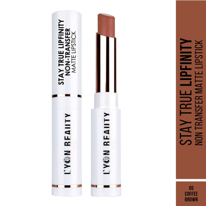 Lyon Beauty Stay True Lipfinity matte lipstick in Coffee Brown 05, featuring a sleek tube and swatched on skin.