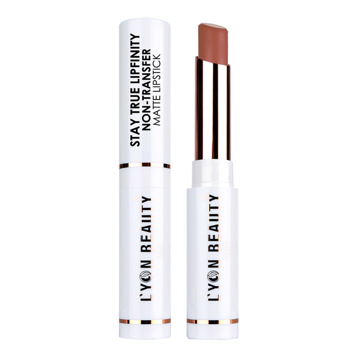 Lyon Beauty Stay True Lipfinity matte lipstick in Coffee Brown 05, showcasing a rich, deep brown lipstick shade.
