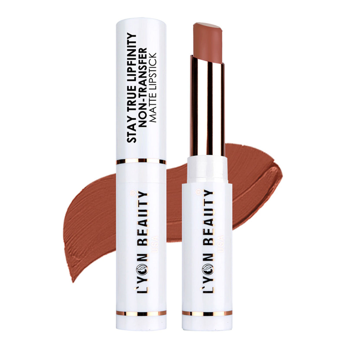 Lyon Beauty Stay True Lipfinity matte lipstick in Coffee Brown 05, showing the lipstick tube and swatched on lips.