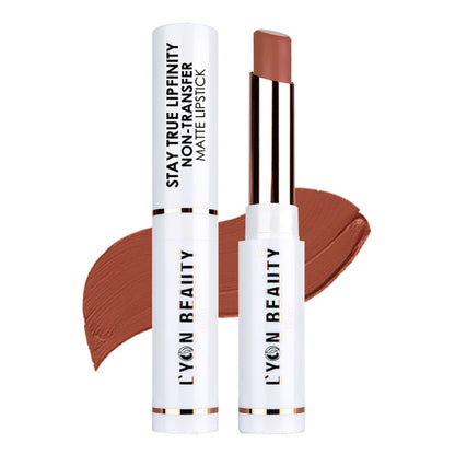 Lyon Beauty Stay True Lipfinity matte lipstick in Coffee Brown 05, showing the lipstick tube and swatched on lips.