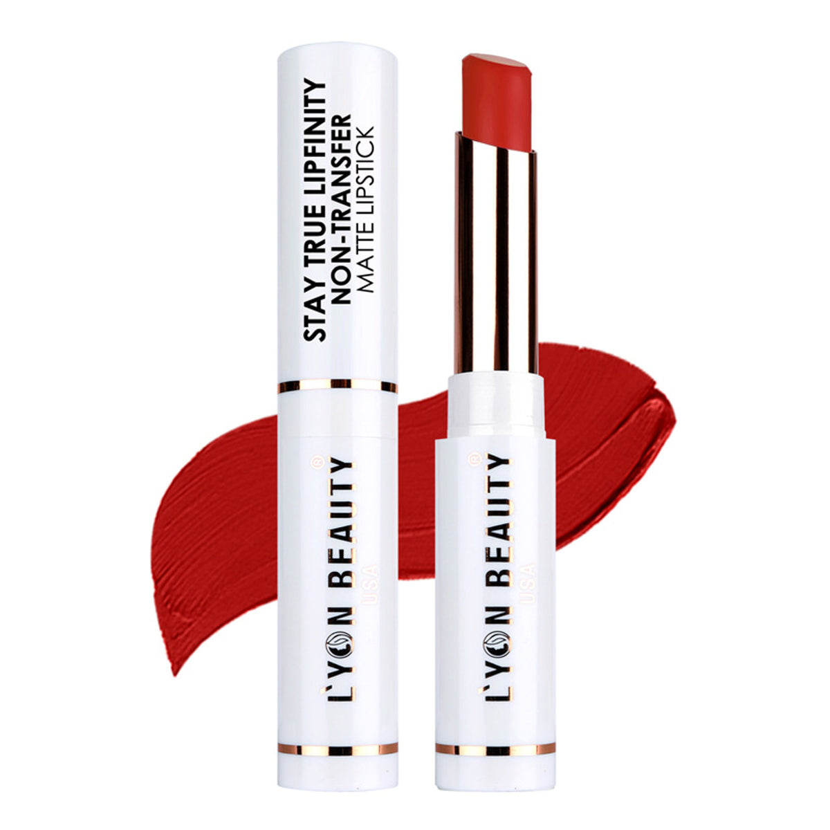 Lyon Beauty Stay True Lipfinity matte lipstick in Orange Red 06, showcasing the vibrant, non-transfer lipstick tube.