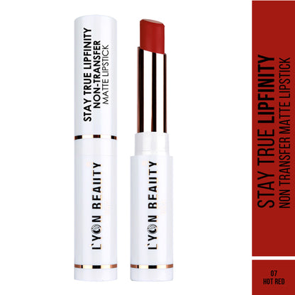 Lyon Beauty Stay True Lipfinity Hot Red matte lipstick in shade 07, with a sleek tube and vibrant red color.