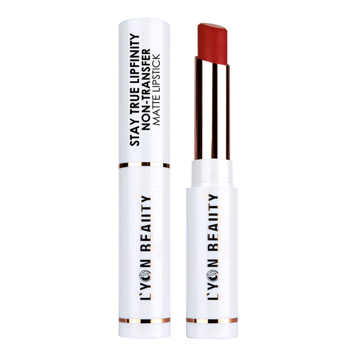 Lyon Beauty Stay True Lipfinity Hot Red matte lipstick, non-transfer formula, in sleek tube with vibrant red shade.