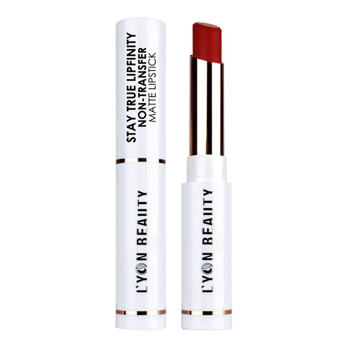Lyon Beauty Stay True Lipfinity Matte Lipstick in Bouquet Red 08, showing a close-up of the vibrant red lipstick and its packaging.