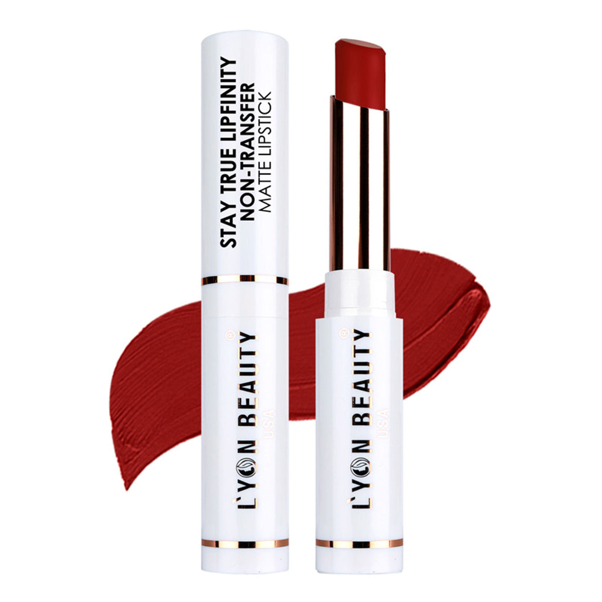 Lyon Beauty Stay True Lipfinity non-transfer matte lipstick in Bouquet Red 08, featuring a close-up of the vibrant red lipstick tube.