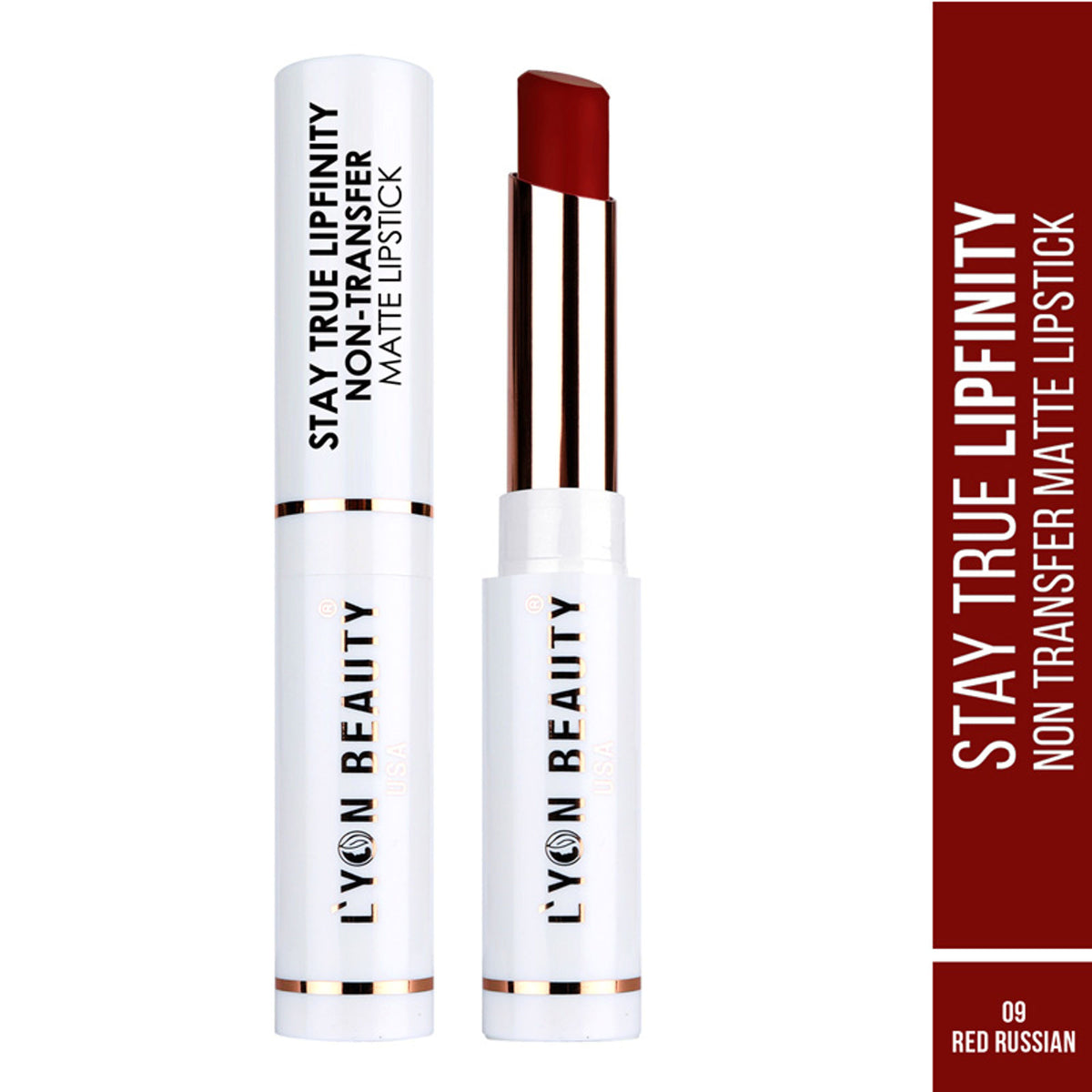 Lyon Beauty Stay True Lipfinity Red Russian 09 matte lipstick tube with the cap off, revealing the vibrant red shade.