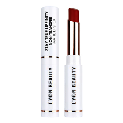 Lyon Beauty Stay True Lipfinity matte lipstick in Red Russian 09, showcasing the vibrant red lipstick on a neutral background.