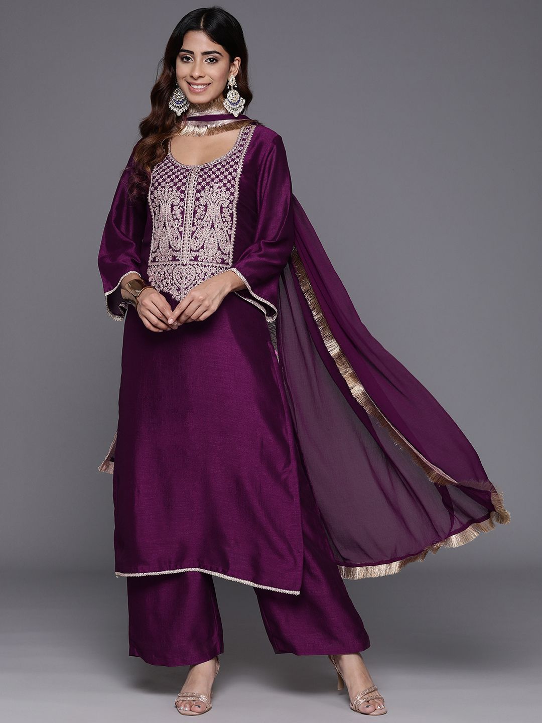 Indyancart VA Women Ethnic Motifs Embroidered Kurta with Palazzos & With Dupatta