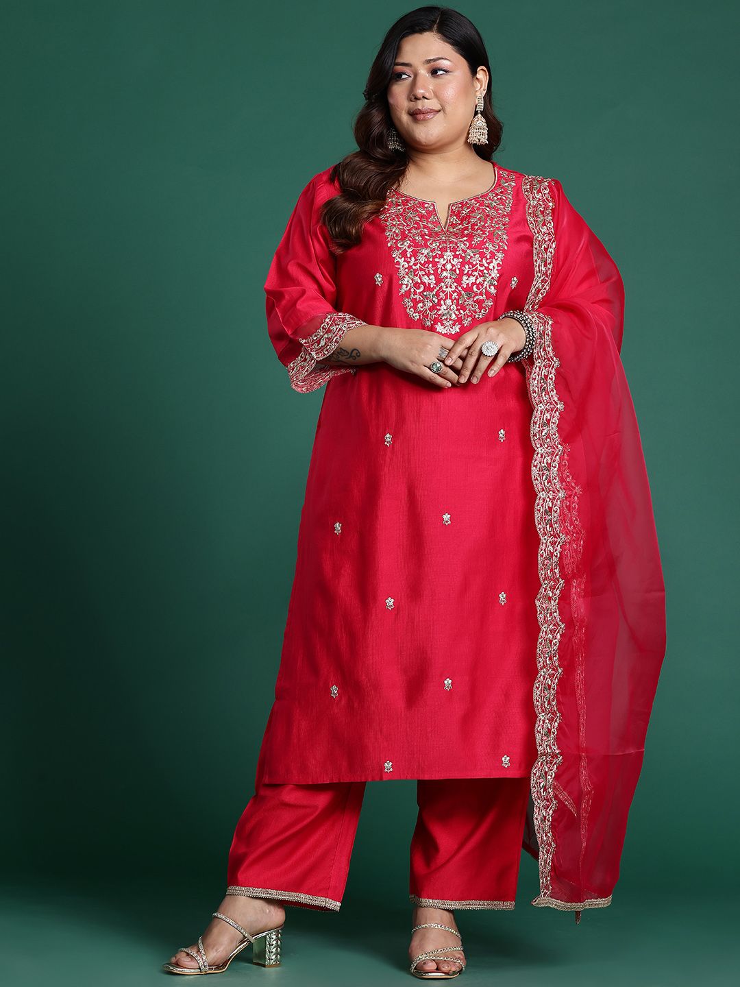 Indyancart IE Plus Size Ethnic Motifs Embroidered Sequinned Liva Kurta With Trousers & Dupatta
