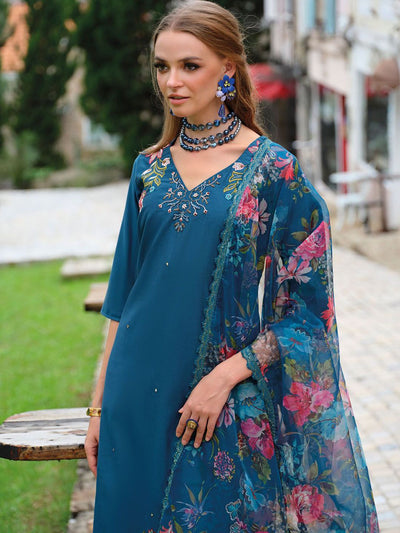 Indyancart IE Women Floral Embroidered Thread Work Liva Kurta with Trousers & Dupatta