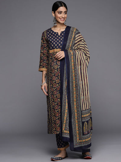 Indyancart VA Women's Navy Blue Ethnic Motifs Printed Pure Cotton Kurta with Trousers & With Dupatta