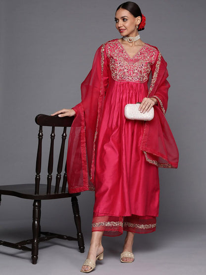 Indyancart IE Ethnic Motifs Yoke Design A-Line Sequined Kurta with Palazzos & Dupatta