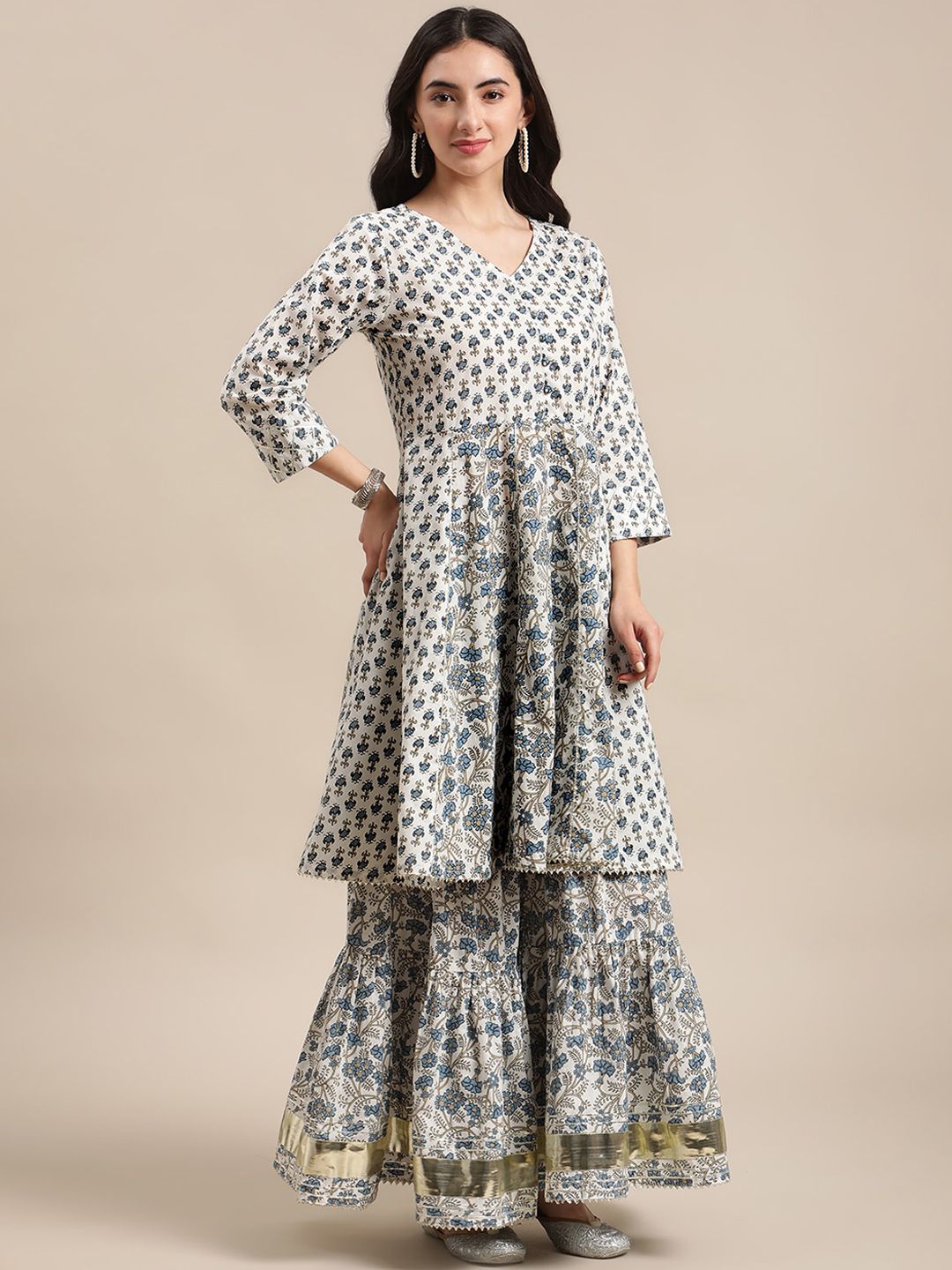 Indyancart VA Women's White Floral Printed Regular Pure Cotton Kurta with Palazzos & With Dupatta