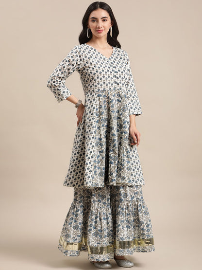 Indyancart VA Women's White Floral Printed Regular Pure Cotton Kurta with Palazzos & With Dupatta